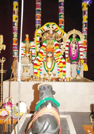 Interior shrine photograph of a Hindu temple-style altar. A large black stone Nandi bull, draped in an orange-and-gold cloth with a green garland and a white flower, sits in the foreground facing a raised altar. Behind it, a central deity murti wears a tall gold crown and a large multicoloured garland, with a gold-framed arched backdrop and a golden ornamental head. Flanking figures in smaller murtis stand in front of decorative banners of yellow, red, green and white with painted motifs. Brass oil lamps, a brass kalasha-style vessel, small brass lamps and a flower basket with fruit and marigolds are arranged on the altar and nearby table. No people are visible.