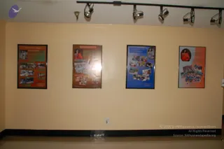 A photograph of an interior hallway wall with four framed posters hung in a row beneath a track of ceiling spotlights. From left to right, the posters have orange, orange-brown, blue and orange-pink backgrounds, each with a portrait photograph and a grid of small snapshot photographs, with printed headings and body text. The beige wall, dark baseboard and light floor are visible, and no people are present.