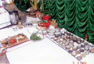 A photograph of a ritual preparation setup on a white cloth before a backdrop of draped green satin. Rows of small metal bowls on the right hold grains, powders and pulses, and a large plate of white and green offerings sits at centre. Brass and steel pots, a copper vessel, a banana-leaf arrangement, a tray with a brass lamp and small brass cups, and a red-wrapped bundle on a plate complete the scene. No people are visible. A date stamp in the lower right reads 5 9 2008.