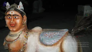 A life-size painted figure of a deity, not a living person, seated on a white pedestal-like body with a peacock-feather tail and a blue-and-pink feathered saddle panel. The figure has a white-and-red tripundra on the forehead, a crown with silver ornaments and white horn-like projections, gold earrings, layered beaded necklaces and a red-and-gold garland. The surrounding area is dark, with stacked white boxes and figures partly visible at the top right.
