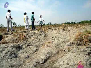 A photograph of cracked, dried grey earth in an agricultural field with eroded channels running through it and dead stubble and withered crop residue scattered across the ground. Four men stand on the raised earth in the middle distance under a pale sky with scrubby trees on the horizon. The man second from left wears a white kurta with a yellow cloth draped over his shoulder, the man on the far left wears a white shirt and grey trousers, the man third from left wears a green checked shirt and dark trousers, and the man on the right wears a white shirt and checked lungi. A small pink object lies on the ground in the lower right corner.
