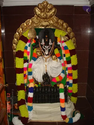 A dark stone deity murti in a temple shrine is seated within a gilded arch, decorated with a multicoloured garland of yellow, maroon, pink, green, orange and blue flowers. The murti wears a white dhoti, a silver-and-gold necklace, a jewelled crown-like headdress and a red forehead mark, with a cobra hood behind the head. Two golden spears with decorative tips stand on either side, and a dark carved pedestal with a row of small figures sits below.