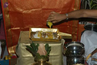 A photograph of a ritual abhishekam being performed on a golden tray placed on a gold-brocade covered stand before a red and gold silk backdrop. A bare arm wearing a silver wristwatch pours yellow liquid. Beside the stand a brass kalasha is topped with green mango leaves and a coconut, and a polished steel vessel of water sits to the right. A white-clad figure's sleeve is visible at the right edge. No face is visible and no one is clearly identifiable; the person pouring is shown only by arm and hand.