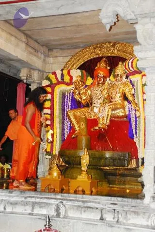 A priest in saffron-orange robes stands at left, reaching toward a shrine where a golden deity murti of Shiva and Parvati sits enthroned on a red-draped peetha. The murti wears a red and gold crown and ornate gold jewellery, and is framed by garlands of white, yellow and orange flowers. Two small golden figures stand on the base in front, and a lit oil lamp is held near the murti. Golden arches and carved stone surround the shrine.