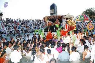 Outdoor photograph of a large water-side festival gathering. In the centre, a decorated ratha-style float carries a tall black lingam-shaped form draped with a dark canopy and green leaf garlands, with an ornate ceremonial parasol and floral decorations. Several people stand on and around the float, including a figure in a red garment and an attendant in orange. Crowds of devotees wearing white clothing stand waist-deep in shallow water in the foreground, many with hands raised. Behind them a dense crowd fills tiered steps and a grassy bank under a clear sky, with colourful festive banners and decorations on the right.