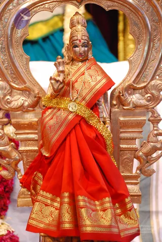 A golden metal statue of a goddess murti stands within an ornate gilded arched throne frame with carved peacock and lion motifs. The figure wears a red silk sari with gold zari border and pallu, a gold waist belt, a pearl necklace with a round gold pendant, and holds a lotus-like object in one raised hand. A red bindi marks the forehead and tall jewelled crown. Garlands of pink and red flowers frame the lower left and background teal drapery is visible behind the throne.
