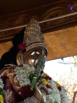 A photograph of a metal deity murti on a wooden procession structure. The murti wears a tall jeweled crown studded with white, red and green stones, a red flower above the ear, and a gold-brown brocade garment. Thick white jasmine garlands and red and yellow flower garlands drape the figure, and a green leaf-wrapped stalk is held near the face. Carved wooden canopy beams and a tree are visible behind. No physical people are visible.