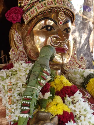 A close-up photograph of a gilded metal deity murti with a jewelled crown, pink and green stones, a rose tucked above the crown, and a large nose ring. Surrounding the face are white jasmine garlands and yellow and red marigold or celosia flower garlands. Green betel leaves wrapped around areca-like sticks with decorative tooth-like patterns are held against the murti's mouth area. Trees are blurred in the background.