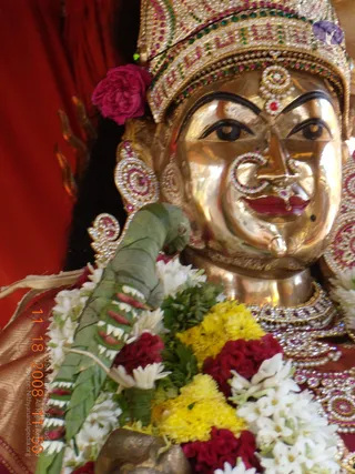 Close-up photograph of a gold-coloured metal deity murti decorated for a procession. The face has large almond eyes, a red-tinted lip, and a jewelled nose ring. A gold crown set with red, green and white stones sits on the head, with a pink rose tucked above the left temple. The neck is layered with jewelled gold necklaces, and the figure is draped in a red-and-gold brocade cloth. Garlands of white jasmine, yellow marigold and red flowers hang across the lower frame, with a green leaf-wrapped bundle lying across the chest. A timestamp overlay reads 11 18 2008 11 50 and a faint copyright line runs along the left edge.