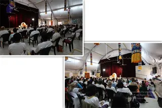 A two-panel collage of a large indoor hall under a white tent-style roof with hanging fans and banners. Both panels show a seated audience facing a raised stage with a red curtain and a central stage backdrop. In the left panel, rows of people in white clothes sit on white plastic chairs, several with bags beside them, facing a small figure on stage. In the right panel, a dense crowd of mostly white-clad attendees sits on chairs and floor, with colourful vertical banners hanging from the ceiling and a large round decorative image on the stage. The collage is a photograph of a seated congregation rather than a single portrait.