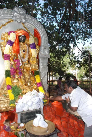A devotee in a white shirt and white trousers kneels outdoors before a golden Dakshinamurthy murti seated under a silver-framed arch, with a red-orange cloth draped over its head and shoulders. The statue is garlanded with white, yellow and purple flower strings and wears a pearl necklace and rudraksha-style beads. In front, a brass plate holds bananas, coconut pieces and a small cup, and a heap of white cloth-wrapped offerings sits on the pedestal beneath a black plaque. Red-painted stones surround the base, and trees and a few people in saris stand in the background.