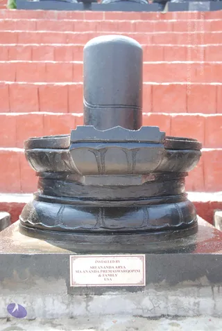 A photograph of a large black stone Shiva lingam set on a tiered black yoni-pitha base, standing on a grey stone plinth against a red brick step wall. No people are visible. A small rectangular plaque on the plinth states the lingam was installed by donors from the USA.