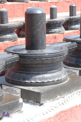 Close view of black stone Shiva lingams on yoni-shaped pedestals (peetha) set in rows on red-painted steps, with a polished lingam in the foreground and a grey stone base. Small engraved plaques on the base read 'INSTALLED BY' followed by donor names, including LAXMAN SURAJ DATAR and VEENDRAN KANDASAMY. No people are visible in the scene; the lingams are the main subject, with a white floral-style border at the lower right.