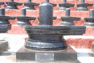 A photograph of a black stone Shiva lingam installed on a square dark granite base in an outdoor courtyard. The lingam has a smooth cylindrical top with a carved tripundra-like marking and a layered yoni-pitha base with carved petal bands. Behind it, a row of smaller black lingams on tiered pedestals stands against a red brick wall. A small silver plaque on the granite base is inscribed with installer names. No people are visible.