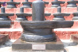 A large black stone Shiva lingam stands on a tiered black yoni pedestal on a dark granite base in an outdoor setting. Its shaft bears an incised trident-like line design. Behind it rise rows of smaller black stone lingams on stepped pedestals against a red-painted wall. A small rectangular plaque at the base reads that it was installed by a donor. No people are visible.