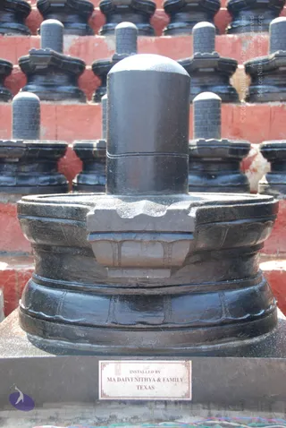 Outdoor photo of a polished black stone Shiva lingam on a tiered black yoni-peetha base, set on a grey plinth. Behind it stand rows of smaller black lingams on stepped bases against a red-washed wall. A small plaque on the plinth reads that it was installed by Ma Daivi Nithya and family, Texas. No people are visible.