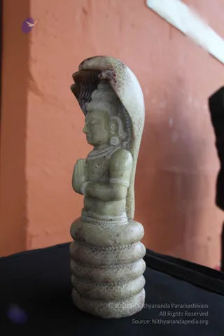 A carved pale green stone statue of a seated deity, shown in profile on a black cloth. The figure has a tall coiled topknot, drop earrings and a beaded necklace, with hands held together in front of the chest. A hooded cobra with scale-patterned body forms a canopy over the head and coils into a multi-ring pedestal beneath the figure. The background is an orange-pink wall with a white object at the top right. No physical people are visible; the figure is a statue, so no a person candidate is present.