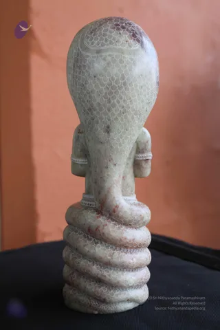 A photograph of a pale greenish-cream stone statue on a black cloth against an orange wall. The figure is a seated deity murti with a serpent hood rising behind it, the hood carved with fine scale patterns, and a thick coiled serpent body forms its base. Arms and shoulders are visible with carved bangles. The statue shows no physical people.