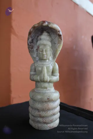 A small carved pale green-grey stone statue of a seated deity in anjali mudra, hands pressed together at the chest, eyes lowered and a topknot of hair. A multi-hooded cobra hood arches over its head and a coiled serpent base supports the figure, with fine scale-like incised patterns on the snake. Adornments include a necklace, earrings and bangles. It rests on a black cloth against an orange-red wall, with a small purple logo at upper left. This is a deity murti, not a person, so no a person candidate is present.