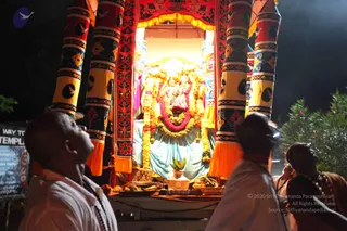 Night procession at a temple with a decorated palanquin or ratha shrine draped in red, yellow and black cloth with bird and floral motifs. Inside the shrine stands a deity murti dressed in a light blue cloth, adorned with large garlands of orange-yellow marigolds and red-pink flowers, with a kalasha and offerings of fruit and flowers on a tray before it. Two men in white clothes and rudraksha malas stand at the left and right foreground looking up at the deity, and a third person in orange-brown robes with mala beads is partly visible at the right edge. A signboard at left reads 'WAY TO TEMPLE'.