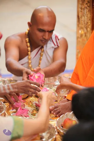 A photograph of a puja scene with a bald priest in white dhoti and a white shawl with red borders, wearing a long gold bead necklace and a red tilak on his forehead, bending over a gold tray and handing a pink lotus. Other hands reach in from the edges, one wearing an orange robe at right, and an apple sits on a silver plate in the foreground. Pink lotus petals and flowers scatter across the brass offering trays, with a gold-covered pillar in the background.