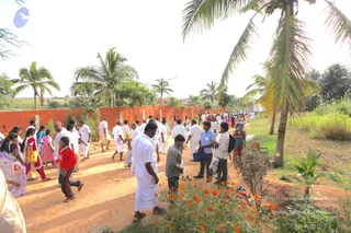 A dirt path runs between a tall red brick wall on the left and a row of palm trees and shrubs on the right, under a pale sky. A long line of people walks along the path, most wearing white dhotis and white shirts or kurtas, while women wear saris and salwar in pink, red, blue and lavender. Some carry white and yellow cloth bags, and one man in a blue shirt carries a black bag. A girl in a red jacket walks near the front. Orange marigold-like flowers grow in the foreground, and a small palm sapling stands at right. Many attendees appear to be walking in an orderly procession toward the distance.