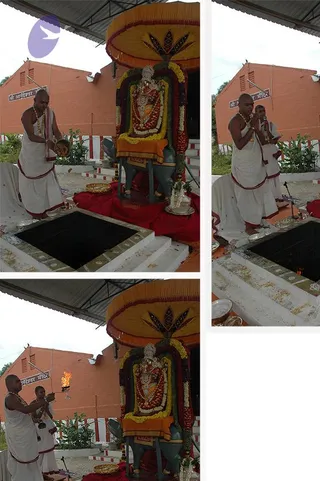 A three-panel photo collage of a temple ritual outdoors. Two priests in white dhotis with red borders and bare upper bodies stand at a black stone fire pit with white marble edging. In the main panels, one priest holds a brass vessel and another a lit flame on a small lamp near a large deity murti draped in garlands of red and yellow flowers beneath an ornate orange canopy. A sign on the brick wall behind reads in Hindi. Red cloth covers the ground, with brass plates and offerings nearby. The collage is a graphic with no visible presentations of a candidate for a person.