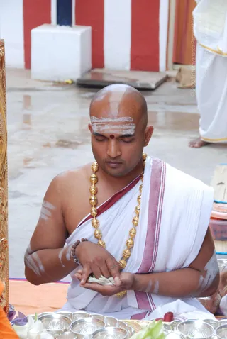 A shaved-headed priest sits cross-legged outdoors in white dhoti and shawl with maroon-and-gold borders, wearing a long gold bead necklace and a rudraksha bracelet. He wears white vertical and horizontal sacred ash marks and a red bindi, eyes closed, holding white flower petals in his cupped hands. In front of him are silver puja bowls and a bowl of white flowers, with a gold-carved panel at the left edge and a red-and-white striped temple wall behind. The figure is an appearance-based ordinary priest, not a person candidate, since the cues are only white ritual clothes and no distinctive identifiers.