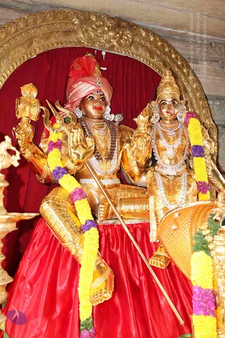 Photograph of a gilded murti pair seated on a red satin-draped throne before a red velvet backdrop within an ornate gold arch. The male deity form wears a red and pink turban, a trident in one hand and a ceremonial staff, with a rudraksha mala and layered necklaces; the female form wears a crown, multi-strand jewelled necklaces and a nose ring. Both are garlanded with yellow and purple flower strands. A brass oil lamp stands at the left edge and a gold-decorated object appears at the lower right. The figures are statues, not living people, so no people are counted.