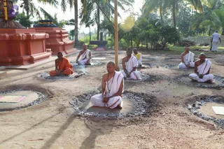 Outdoors in a palm-lined compound, seven shaved-headed men sit cross-legged on square stone platforms around small ring-shaped fire pits with grey ash, in what appears to be a yagna or homa setting. Most wear white dhotis and white upper cloths with red borders; the man second from the right in the back wears an orange robe, and another in the back row wears a yellow cloth. Red-painted stone shrine structures stand at the left, a tall wooden pole rises in the centre, and a standing person in white stands at the far right near a stacked pile of firewood.