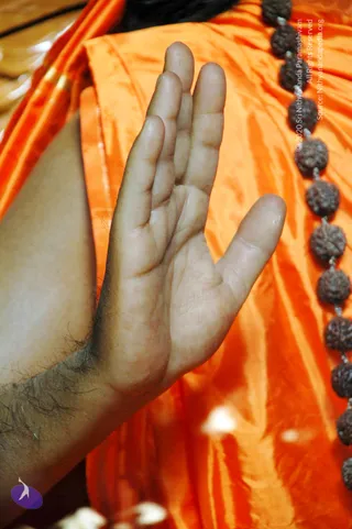 Close-up photograph of a man's right hand raised palm-outward in a blessing gesture, with the forearm and wrist visible at left. The background is orange satin fabric, and a strand of dark brown rudraksha beads hangs over the right side. A small purple emblem sits at lower left. Only a hand and forearm are visible, so no full face or identity cues are shown.