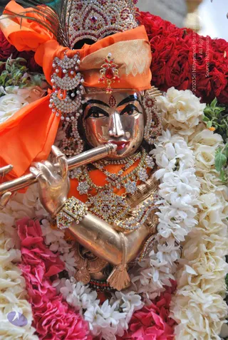 Close-up of a metal murti of Krishna, shown playing a flute held to the lips. The murti wears an orange headcloth with a peacock feather and a jeweled crown, jeweled earrings, layered jeweled necklaces and armlets. It is surrounded by white jasmine garlands and red and pink flower garlands, with green leaves at the edges.