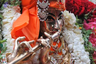 Close-up of a metallic golden murti of Krishna playing a flute, with the flute held to his lips by his hands. The deity wears an orange cloth draped over his head, ornate jeweled earrings and a red-jeweled tilak, and a red and gold necklace. He is surrounded by garlands of white jasmine and pink and red flowers. The image is a photograph of a statue, not a living person.