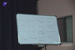 A photograph of a whiteboard on a stand in front of a dark blue curtain, with a pale wall and window to the right. The whiteboard holds a handwritten grid with column headers Sattva, Rajas and Tamas, and row labels Gross, Subtle, Primal and Unevolved. Entries include Peace, Restless, Dull, Silence, Sound, Undefined sounds, Bliss, Irritation (unsettled), Depression, Energy, Maya (delusion) and Chaos. No people are visible in the scene.