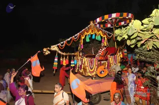 Night procession on a dark road with a decorated golden ratha-style cart pulled forward by a bullock-like tow. A seated figure in red and gold attire, wearing a crown-like headpiece and a white and red garland, sits on a red-cushioned throne under a multicoloured striped canopy. The cart is festooned with marigold garlands, purple and orange flowers, tassels and hanging bells. Around it walk devotees: women in pink, orange and white saris, one with a red-smeared face, and a man in orange holding a long pole flag. Orange flags bearing a blue bird emblem are carried through the crowd. Foliage stands at right beneath the night sky.