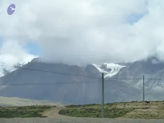 A photograph of a high-altitude mountain landscape under heavy cloud cover. Dark brown rocky mountain slopes rise behind a dirt road running through sparse green grassland in the foreground. Two concrete utility poles with overhead wires cross the scene, and a single dark animal. Snow and ice patches show on a peak partly hidden by low grey clouds.
